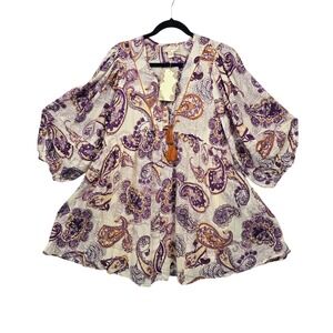 Band of the Free Dress Woman‎ Small Purple Paisley Puff Sleeve Mini Boho Tassel